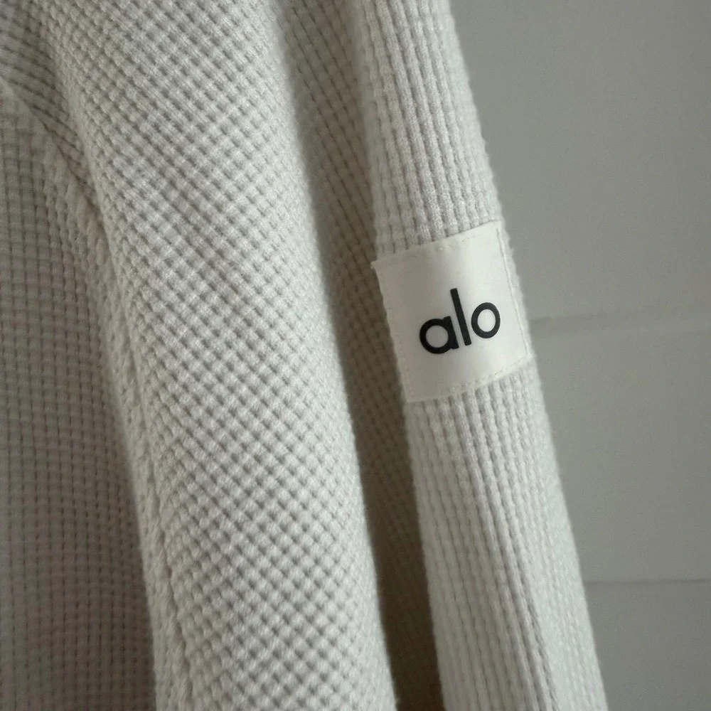 Alo Yoga Women White Waffle Knit Mock Neck Cropped Pullover Sweater XS